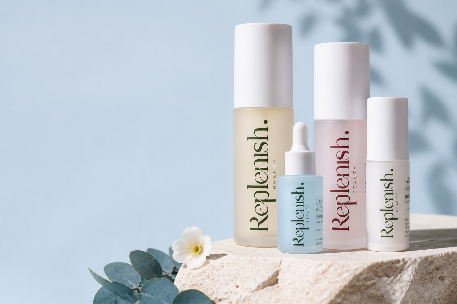 Replenish Beauty skincare ritual in a blue studio